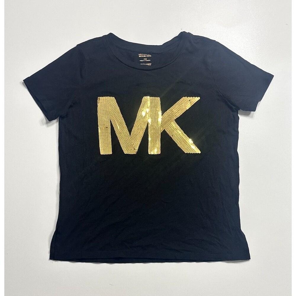 Michael Kors Women’s Black Shirt Gold Rhinestone MK Logo Size Medium